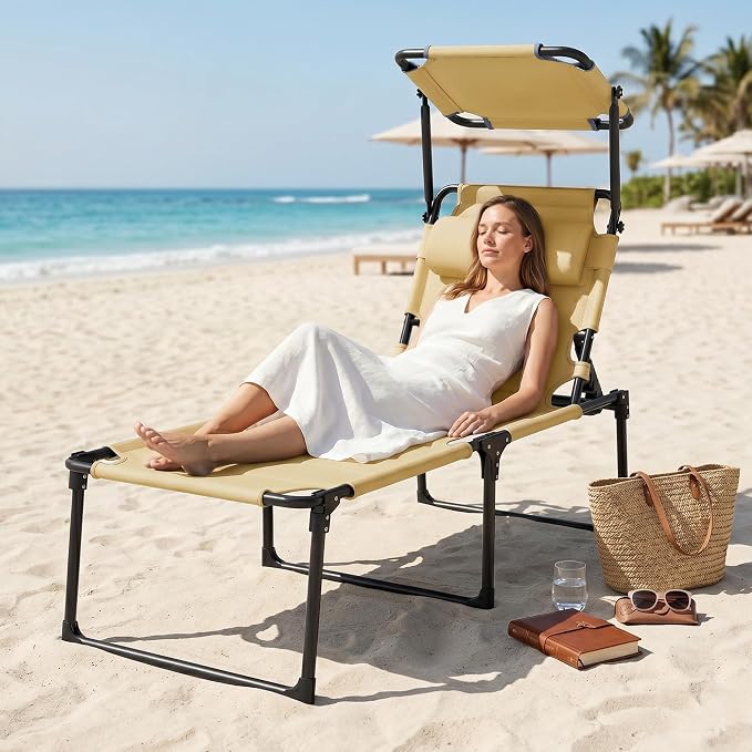 Outsunny Outdoor Lounge Chair, Adjustable Backrest Folding Chaise Lounge, Cushioned Tanning Chair with Sunshade Roof & Pillow Headrest for Beach, Camping, Hiking, Cream White