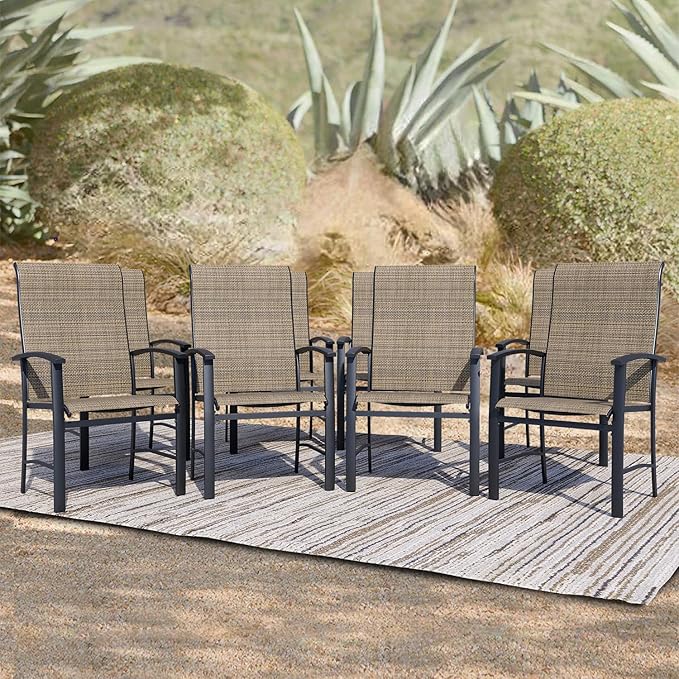 Patio Dining Chairs Set of 8, Outdoor Dining Chairs with High Back, Metal Outdoor Chair Set with Comfort and Durability, Patio Chair for Deck Lawn Kitchen Garden Backyard, Mocha