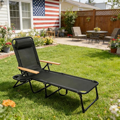 Folding Chaise Lounge Chair Outdoor, Folding Sun Lounger with 4-Position Reclining Back, Foldable Tanning Chair with Adjustable Headrest, Beach Lounge Chair for Poolside Backyard Camping (Black)