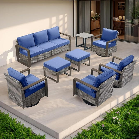 Rilyson Outdoor Wicker Patio Furniture Set - 8 Piece Patio Conversation Set with 4 Wicker Swivel Rocker Chairs,2 Rattan Ottoman 1 Side Table and 1 Couch,Thick Cushions,Deep Seating(Mixed Grey/Blue)