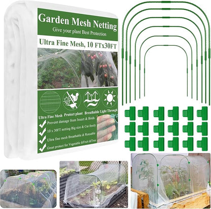Garden Netting Kit for Raised Beds, 10x30FT Ultra Fine Mesh Netting＆ 6 Sets Garden Hoops, Garden Bed Row Cover Insect Netting Garden Hoop for Raised Bed Vegetable Plant Flowers Fruit Protection Net