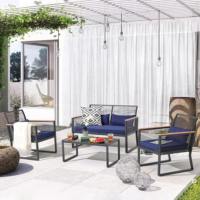 Patiorama 4 Piece Patio Furniture Set, Outdoor Wicker Bistro Set, All-Weather Black PE Rattan Conversation Set w/Coffee Table, Loveseat, Wood-Like Armrest, Cushions for Garden Balcony Deck, Navy Blue