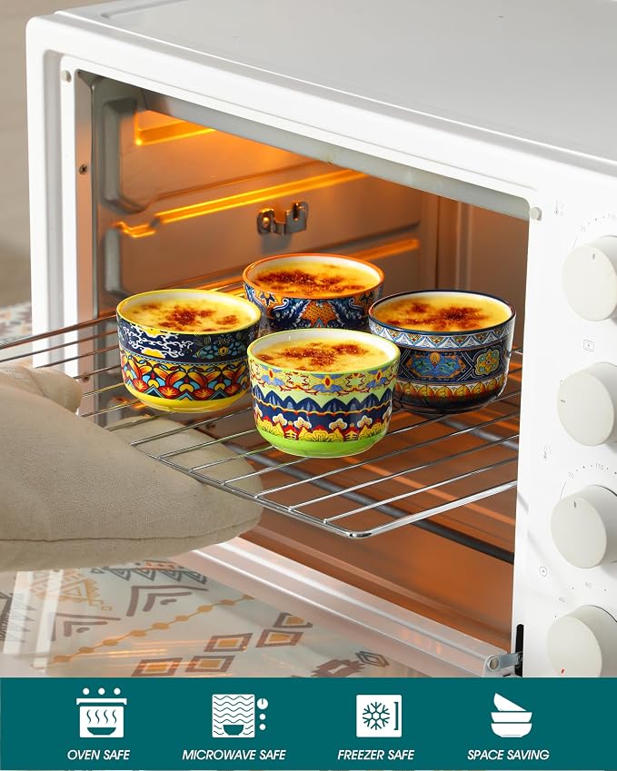 vancasso Ramekins 4 oz Oven Safe, Bohemian Style Creme Brulee Ramekin for Baking, Porcelain Souffle Dishes, Pudding Custard Cups Set of 6 Dipping Sauce Bowls Small Ramiken Bowls for Ice Cream