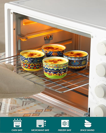 vancasso Ramekins 4 oz Oven Safe, Bohemian Style Creme Brulee Ramekin for Baking, Porcelain Souffle Dishes, Pudding Custard Cups Set of 6 Dipping Sauce Bowls Small Ramiken Bowls for Ice Cream