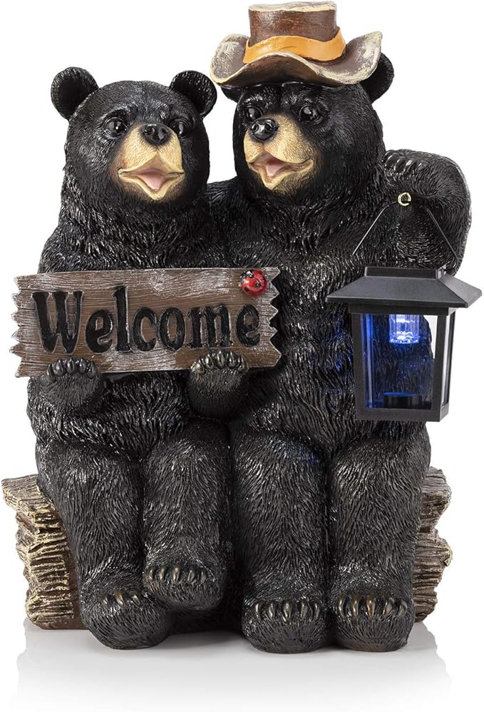Alpine Corporation 15" H Outdoor Bear Couple with Lantern and Welcome Sign Statue with Solar LED Lights, Black