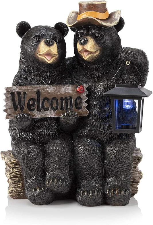 Alpine Corporation 15" H Outdoor Bear Couple with Lantern and Welcome Sign Statue with Solar LED Lights, Black