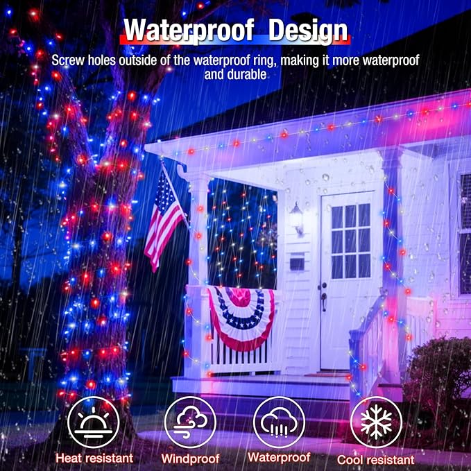 btfarm 2 Pack Red White and Blue Solar Fairy Lights, 4th of July Solar String Lights Outdoor Waterproof, 160LED 66FT Memorial Independence Day Patriotic Decorations for Outside Tree Garden Patio Yard