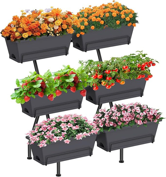 Sunexinlo 3-Tier Vertical Garden Planter with 6 Boxes, 31" Tall Raised Garden Bed with Adjustable Feet for Herbs, Flowers, Vegetables, Ideal for Indoor, Outdoor, Patio, Balcony, Deck Use, Gray