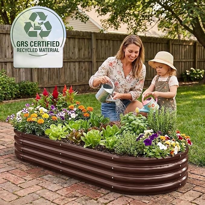 Rakukiri Raised Garden Bed GRS Certified Galvanized Planter Box Outdoor, 6.5ft Oval Rot-Resistant Metal Garden Bed Planter, Recycled Material Planter for Vegetables Flowers Herbs (Brown)