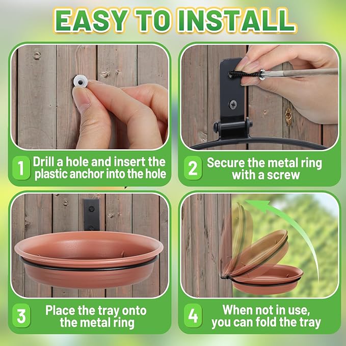 Fence Bird Feeders Tray - 2pcs Tree Mounted Wild Bird Bath for Outdoors Place Food Water, Installed on Wooden Deck Fence with Heavy Duty Iron Ring, 8.3'' Dia. (Brown)