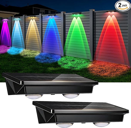Solar Fence Lights Outdoor 2Pack, Warm White & RGB 6 Color and Glass Panel, Waterproof High Brightness Solar LED Spot Lens Deck Lights for Outside Stairs, Porch Step, Railing, Backyard, Patio