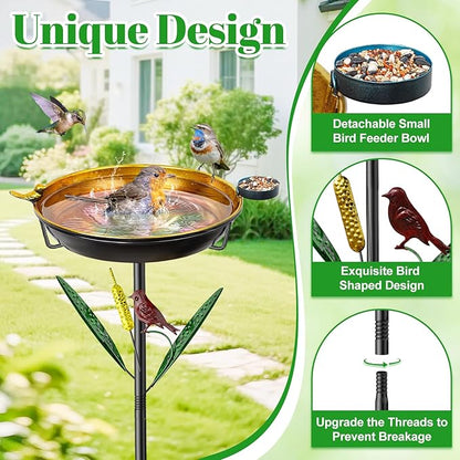 2-in-1 Bird Baths for Outside, 11.8” Diameter x 2” Deep Metal Removable Bird Feeder Water Bowl with Upgraded 5 Prongs Base, 33.5" Freestanding Garden Birdbaths for Outdoors Patio Yard Lawn Art Decor