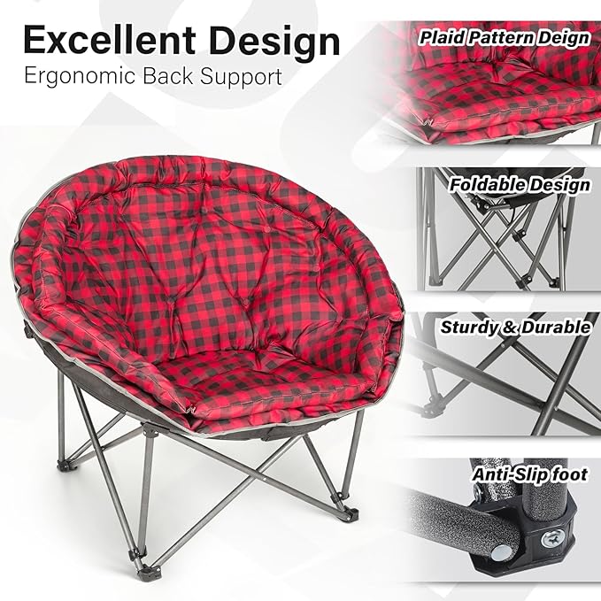 Oversized XXL Folding Round Camping Chair,Super Comfy Padded Moon Camp Chairs,Heavy Duty Supports 200 Kg Outdoor Lawn Chairs for Adults,Perfect for Indoor,Family Camping,Hiking,Picnics and Garden