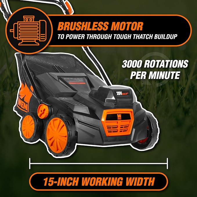 Wen 20V Max Cordless 15-Inch 2-in-1 Brushless Electric Dethatcher and Scarifier with Collection Bag, Two 4.0 Ah Batteries, and Dual-Port Charger (20716)