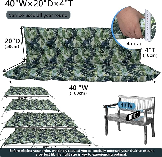 Outdoor Swing Cushions 3 Seater Waterproof, Replacement Bench Cushions for Outdoor Patio Furniture with Backrest, Porch Swing Cushion with Ties for Lawn and Garden (Palm, 40x40in)