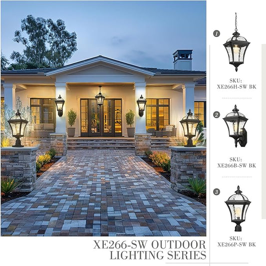 Emliviar 23 Inch Outdoor Light Fixture Wall Mount, Modern Black Outdoor Wall Sconce with Water Ripple Glass, Weatherproof Exterior Wall Light, XE266B-SW BK