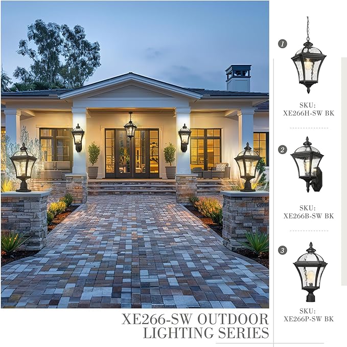 Emliviar 22" Outdoor Lighting for Post, Black Exterior Lamp Post Light Fixture for Yard, Aluminum Pillar Light with Water Ripple Glass, XE266P-SW BK