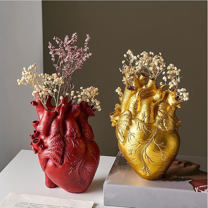 Resin Vase Planter, Decorative Heart Vase - Anatomical Heart Tabletop Decorative Craft, Farmhouse Living Room Bedroom Countertop (Red,Small)