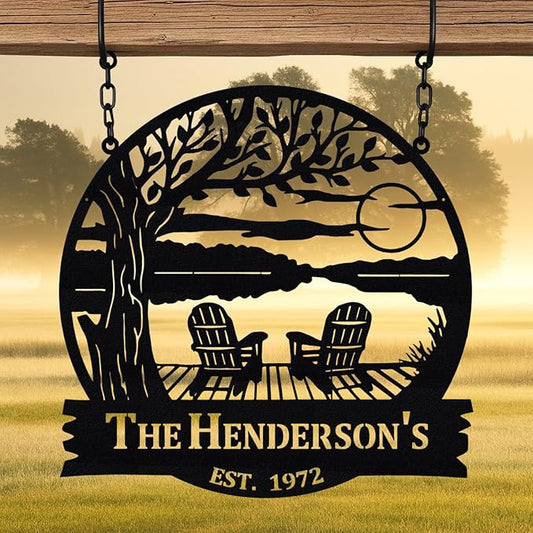 Personalized Lake House Metal Sign, Custom Sunset Dock Scene Metal Wall Art, Gift for Family, Couple Gifts, Family Name Monogram Signs, Camping Wall Art, Outdoor Decor