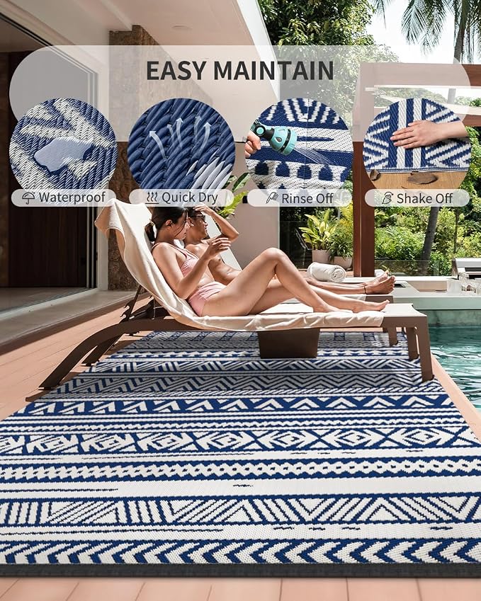 MontVoo Outdoor Rug 8x10 Waterproof Outdoor Patio Rug Mat Reverisble Plastic Straw Outdoor Rug for RV Camping Picnic Beach Balcony Boho Navy Blue