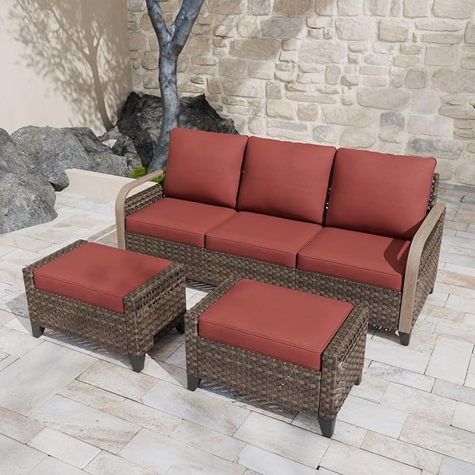 COOS BAY Modern Wicker Outdoor Furniture Set, Patio Conversation Set with 3 Seat Couch, and Ottomans, 3 Piece, Brown/Red