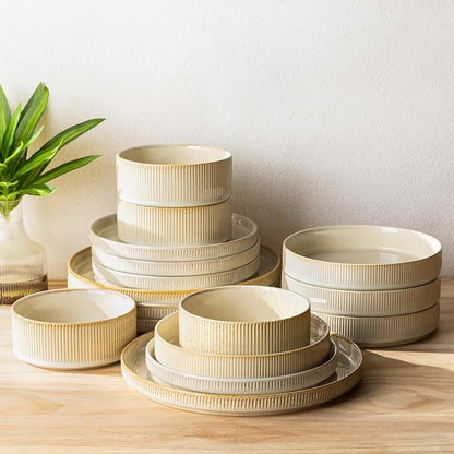 TheTerra Ceramic Dinnerware Set for 4, 16-Piece Plates and Bowls Set | Lightweight Porcelain Dish Set, Scratch Resistant, Oven & Microwave & Dishwasher Safe, Cappuccino