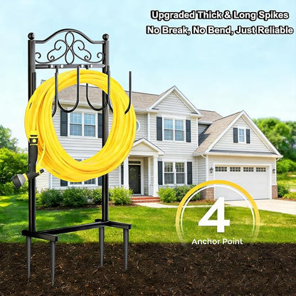 Upgraded Garden Hose Holder - Heavy Duty Freestanding Metal Hose Holder with 4 Stabilizing Spikes, Sturdy Hose Hanger up to 100ft Hose for Yard, Lawn & Outdoor Garden (Black)