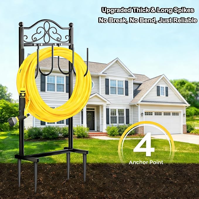2 Pack Upgraded Garden Hose Holder - Heavy Duty Freestanding Metal Hose Holder with 4 Stabilizing Spikes, Sturdy Hose Hanger up to 100ft Hose for Yard, Lawn & Outdoor Garden (Black)