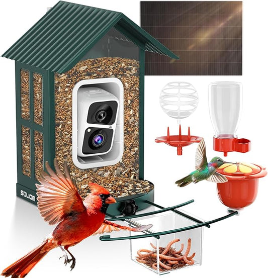 SOLIOM Solar Bird Feeder with Camera for Outdoors - Durable Metal AI Smart Birdhouse, 2K Live View & Instant Alerts, Squirrel Proof - Ideal Bird Watching Gift (Green)