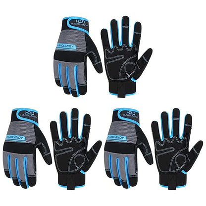 HANDLANDY Work Gloves Mens & Women, Utility Safety Mechanic Working Gloves Touch Screen, Flexible Breathable Yard Work Gloves (Large, 3 pairs Grey)
