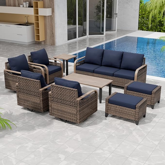 Modern Wicker Patio Furniture Set, Rattan Outdoor Conversation Set, 4 Swivel Rocking Chairs, 3 Seat Couch, 2 Ottomans, Coffee Table and Side Table, 9 Pieces, Brown/Blue