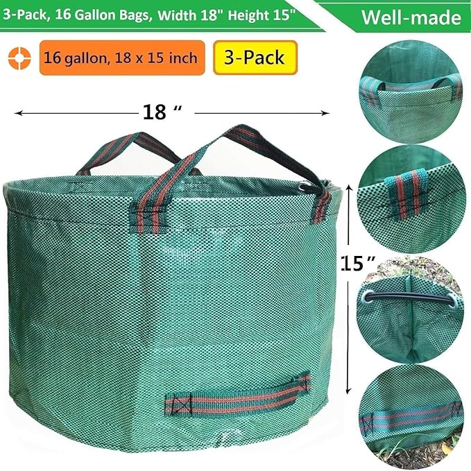 Standard 3-Pack 16 Gallons Yard Garden Bags (D18,H15 inch) W/Gardening Gloves, Reusable Leaf Bags,Grass Clippings,Lawn Debris Bag,Laundry Container,Patio Trash Bin,Yard Waste Bags,Weeds Bag 4 handles
