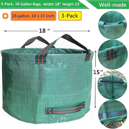 Standard 3-Pack 16 Gallons Yard Garden Bags (D18,H15 inch) W/Gardening Gloves, Reusable Leaf Bags,Grass Clippings,Lawn Debris Bag,Laundry Container,Patio Trash Bin,Yard Waste Bags,Weeds Bag 4 handles