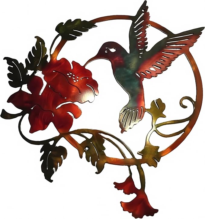 Zoihet Round Metal Bird Wall Art Decor - Hummingbird Wall Art Silhouette for your patio, garden, and fence Art Decor, Bird Wall Silhouette Indoor and Outdoor Hanging (Red)