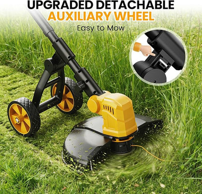 Cordless String Trimmer with Wheels, 14-Inch 2x3.0Ah 21V Battery Powered Weed Eater, Electric Lawn Mower Weed Wacker, Brush Cutter Grass Trimmer for Garden Yard