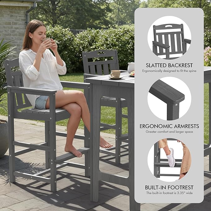 Ciokea Heavy-Duty Outdoor Bar Set, Rectangle High Top Table and 2 Oversized Adirondack Chairs Set, HDPE Modern Patio Bar Set for Outside Bistro Backyard Balcony Deck Outside, Grey