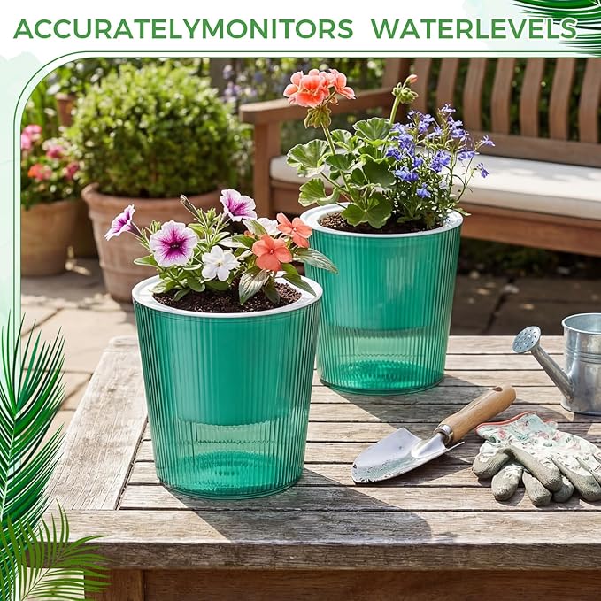 6 Pack Self Watering Pots for Indoor Plants Plastic Vertical Ribbed Semi Transparent Planters, Dual Layer Reservoir for Indoor Succulents Herbs Pothos(Green, White,4.4 x 4.9 Inch)