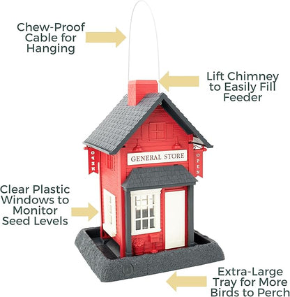 North States Village Collection - Red General Store Bird Feeder: Hanging Bird Feeder for Outdoors, Holds 6.5 Pounds of Seed