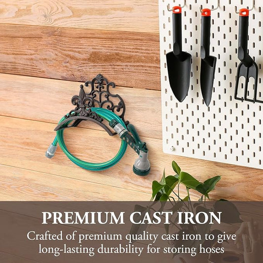 MyGift Dark Coffee Cast Iron Wall Mounted Garden Water Hose Holder, Decorative Vintage Fleur De Lis Floral Scrollwork Waterhose Reel Hanger Storage Rack