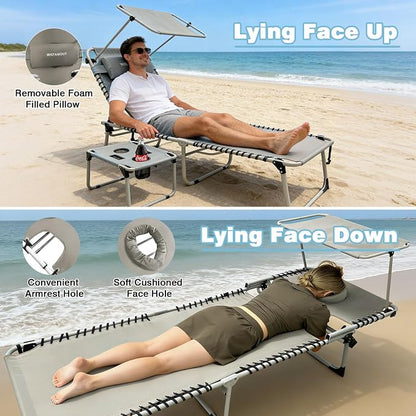 Outdoor Tanning Chair with Sun Canopy Shade & Face Hole, Folding Lounge Chair with Beach Table and Carry Bag for Poolside Sunbathing Lawn