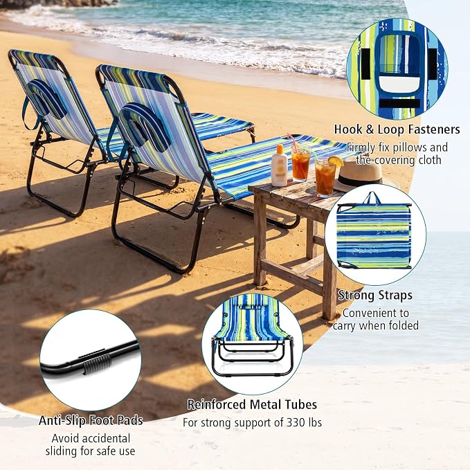 GYMAX Tanning Chair, Folding Lounge Chairs with Face Hole & Cover, Removable Pillow Carry Handle, Portable Compact Outdoor Layout Recliner for Beach, Poolside, Lawn, Patio, Camping (Blue Stripe,2)