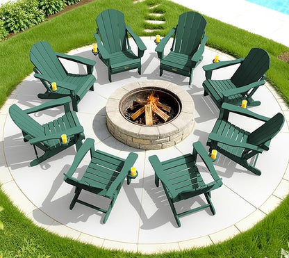 SERWALL Folding Adirondack Chair Set of 6, Painted Adirondack Chair with Cup Holder, Weather Resistant for Patio Deck Garden, Fire Pit & Lawn Furniture Porch - Green
