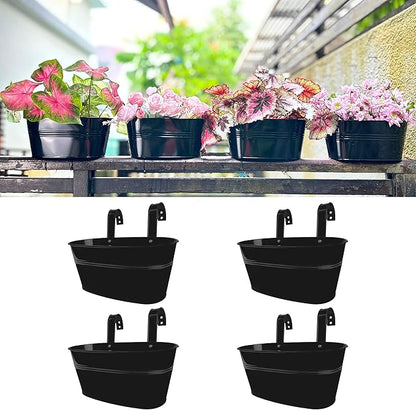 LaLaGreen Outdoor Rail Planter for Balcony (4 Pack, 9.8 Inch) Small and Cute Black Metal Iron Fence Hanging Flower Pots Deck Railings Buckets Boho Style Window Box Plant Holder Hooks Porch Decor