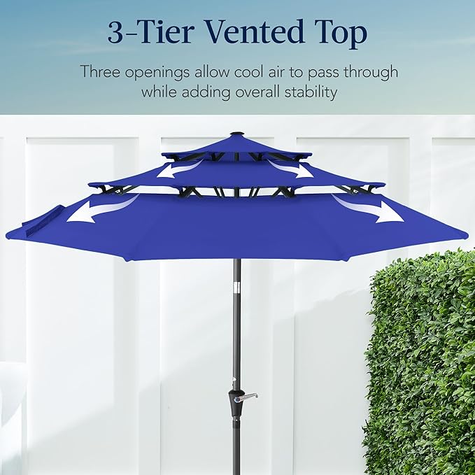 Best Choice Products 10ft 3-Tier Market Patio Umbrella, Outdoor Sun Shade with Tilt, Crank Lift, 8 Ribs for Backyard, Deck, Poolside – Resort Blue