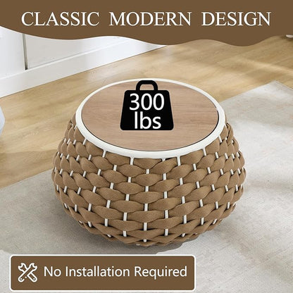 30.5 inch Outdoor Side Table, Large Patio End Table with Removable Lid Round Accent Side Tables with Metal Frame and Hollow Out Bottom for Patio, Balcony Porch, Poolside, Garden, Yard, Brown