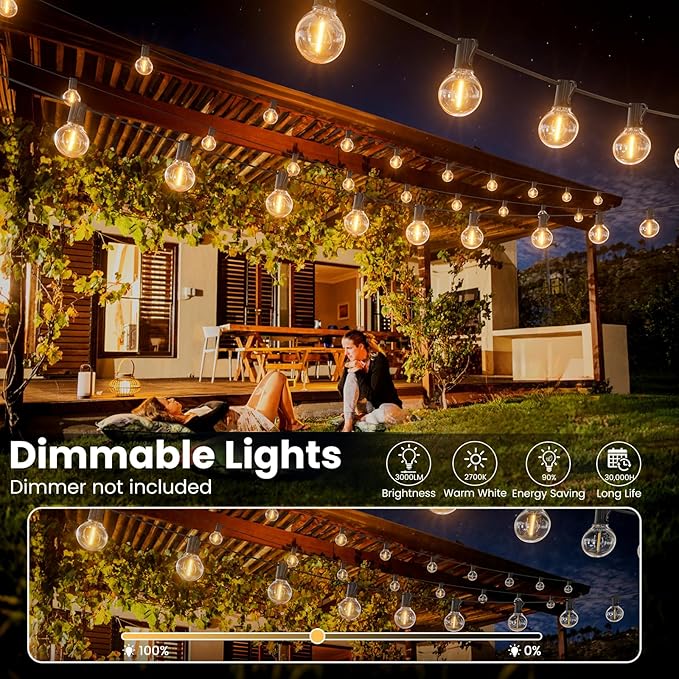 RTTY Outdoor String Lights 60 ft, G40 Led Patio Globe Lights with 32pcs Plastic Bulbs,Shatterproof Waterproof Connectable Hanging for Porch Cafe Bistro Backyard Gazebo Balcony Deck Party