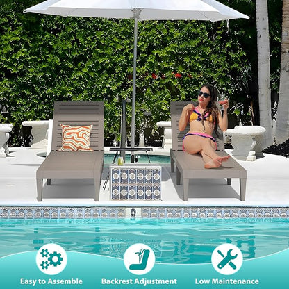 Outdoor Lounge Chairs Set of 2 for Poolside Patio, Weather-Resistant Pool Chaise Lounge with Adjustable Backrest, Resin Tanning Chair Sun Lounger for Outside Deck, Beach, Sunbathing, Taupe