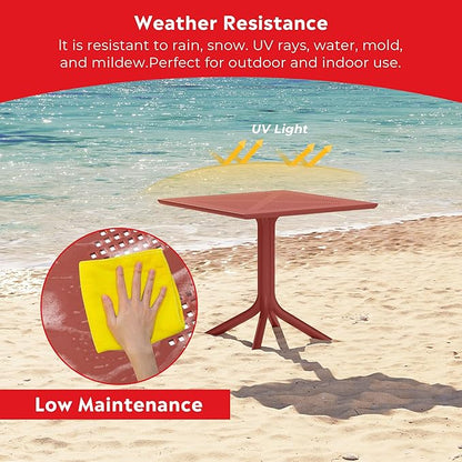 Costaelm Table Chairs Set of 4, HDPE Patio Square Dining Table and Stackable Chairs, Outdoor Small Patio Furniture Set All Weather for Backyard Porch Poolside, Red