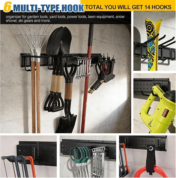 49.5'' Garage Tool Organizer Wall Mount 17PCS, 520lbs Heavy Duty Garden Tool Organizer with 14 Adjustable Hooks, Yard Tool Hanger for Shovel Rake Broom Ladder, Garage Wall Organization, Men Gift