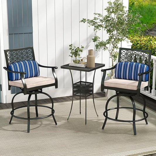 COSTWAY Outdoor Bar Chair Set of 4, 24.5 Inch Swivel Counter Height Bar Stools with Footrest, Seat Cushions & Lumbar Pillows, Metal Dining Bar Chairs for Patio, Backyard, Poolside (4)